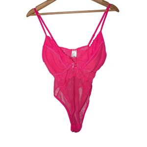 Fashion Nova Hot Pink Lace‎ and Fishnet Mesh Bodysuit Lingerie Sleeveless V-Neck
